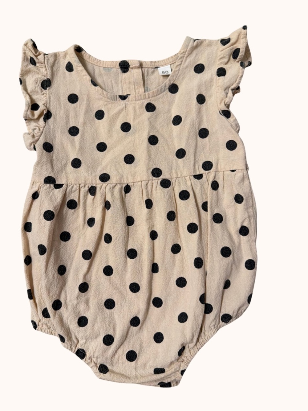 Polka Dot Beige Bubble Romper with Ruffle Sleeves